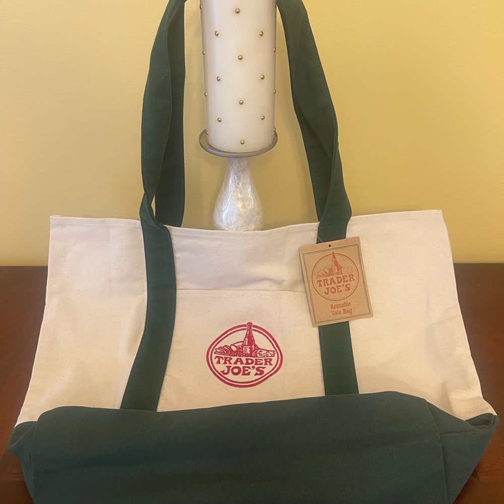 New with tag, Large Trader Joe's Green and White Tote Bag. No callouts.